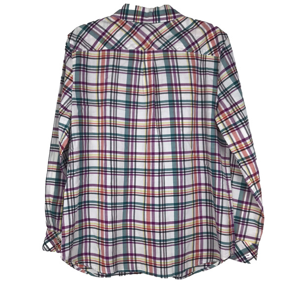 Talbots Petites Plaid Button Up Top White Purple Green Orange Cotton Yellow MP - Picture 3 of 5